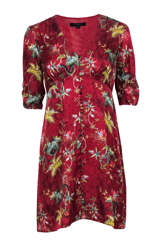 All Saints - Red Satin Tropical Printed Button-Front Dress Sz M Plus size unclassified dresses