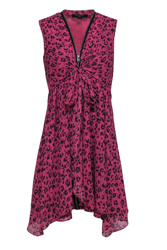 All Saints - Pink & Black Leopard Print Sleeveless Tie Front Zip-Up Shift Dress Sz S Bright color unclassified dresses