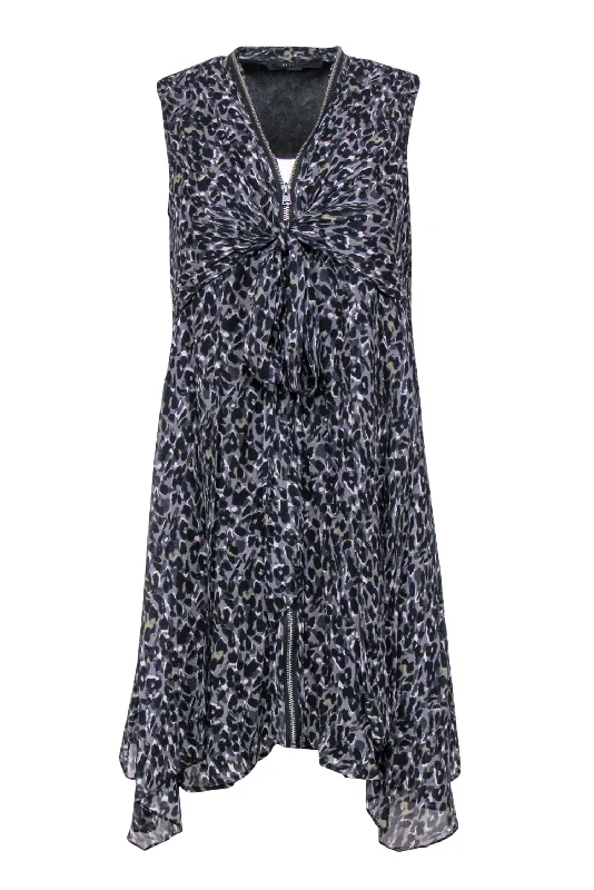 All Saints - Gray Leopard Print Zip-Up Shift Dress Sz XS One-shoulder unclassified dresses