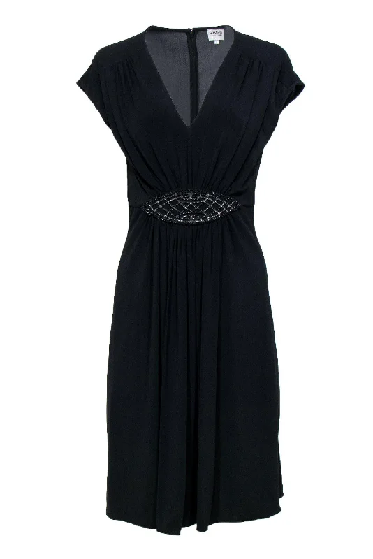 Armani Collezioni - Black Cap Sleeve Dress w/ Rhinestone Belt Sz 8 Stretchy unclassified dresses