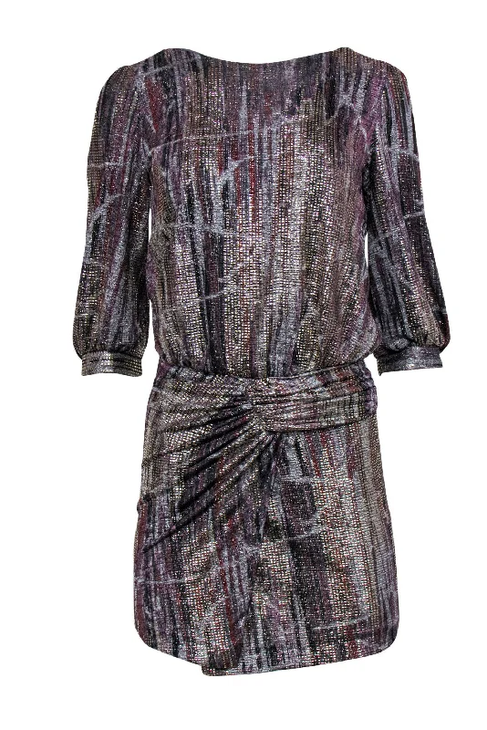 Ba&sh - Silver, Purple & Rust Metallic Quarter Sleeve Ruched Dress Sz 4 Printed unclassified dresses