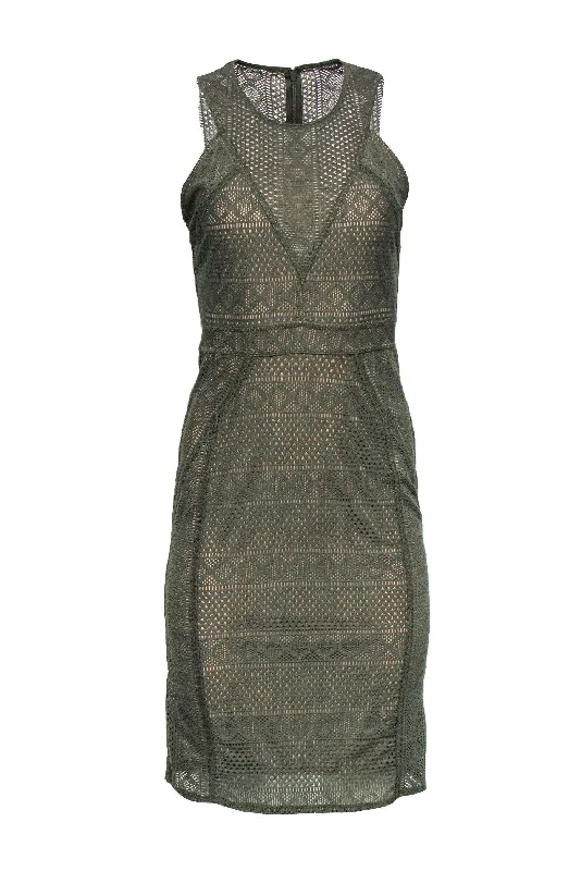 BCBG Max Azria - Olive Green Geometric Net Overlay Dress Sz S Dark color unclassified dresses