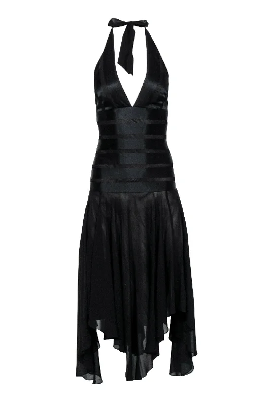 BCBG Max Azria - Black Satin Striped Halter Dress Sz 0 Backless unclassified dresses