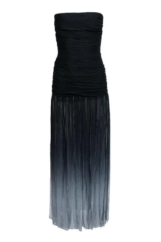 BCBG Max Azria - Black Strapless Ruched Bodice Gown w/ Ombre Fringe Sz 0 Off-shoulder unclassified dresses