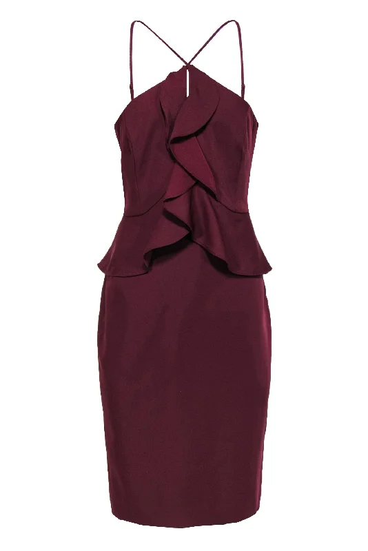 BCBG Max Azria - Burgundy Sleeveless Ruffled Halter-Style Sheath Dress Sz 10 Halter unclassified dresses