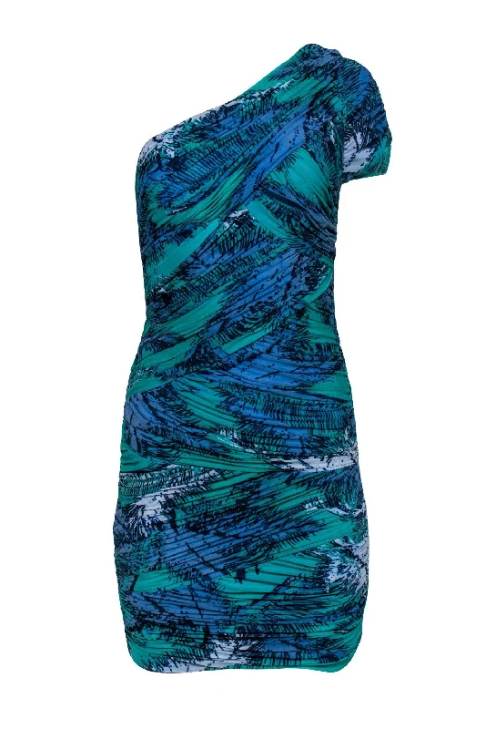 BCBG Max Azria - Aqua Green & Blue One-Shoulder Ruched Mesh Dress Sz M High-low unclassified dresses