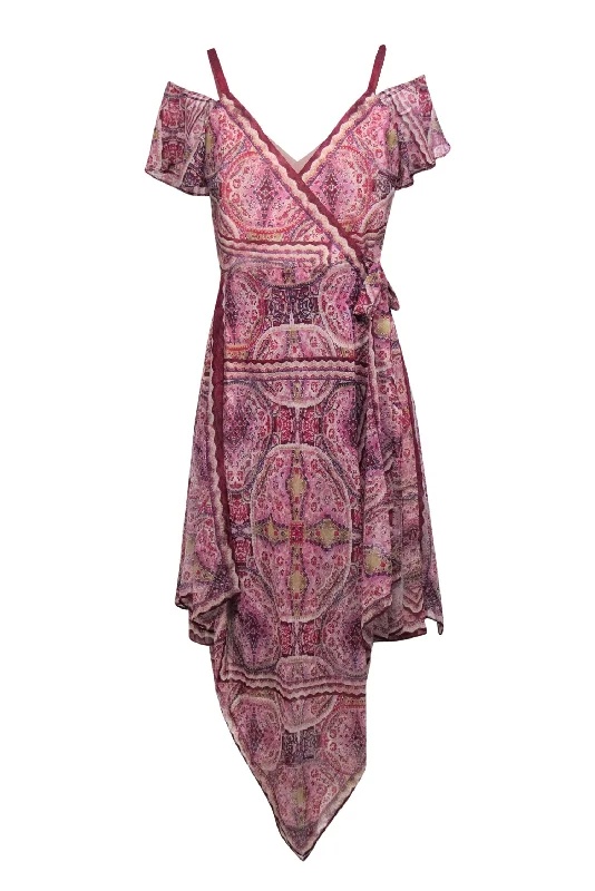 BCBG Max Azria - Purple Boho Printed Wrap Dress w/ Ruffles Sz S Fall unclassified dresses