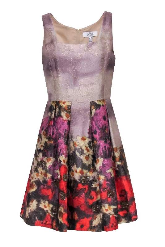 Badgley Mischka - Purple & Gold Brocade Pleated Dress w/ Beading Sz 8 Flowy unclassified dresses