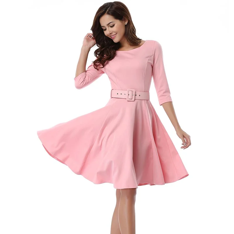 Belted Knee Length Vintage Dress #Pink Printed unclassified dresses