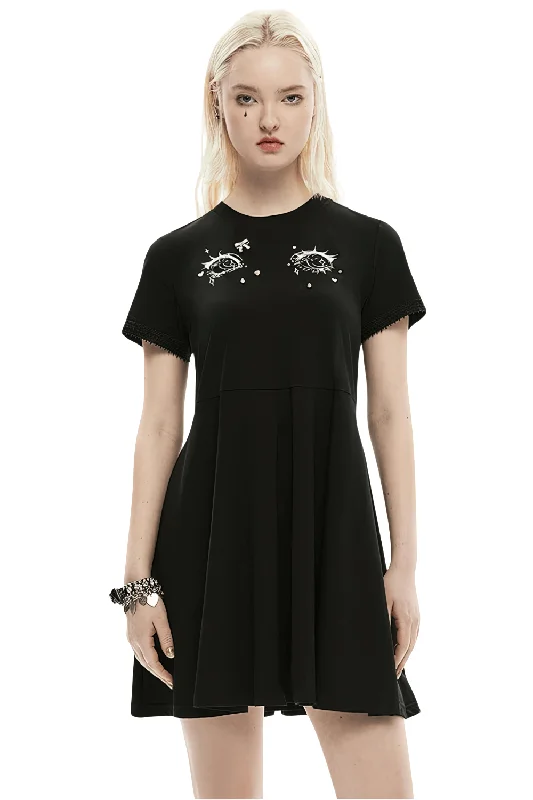 Black 3D Eye Print Punk Dress Gemstones and Bow Brooch Stylish unclassified dresses