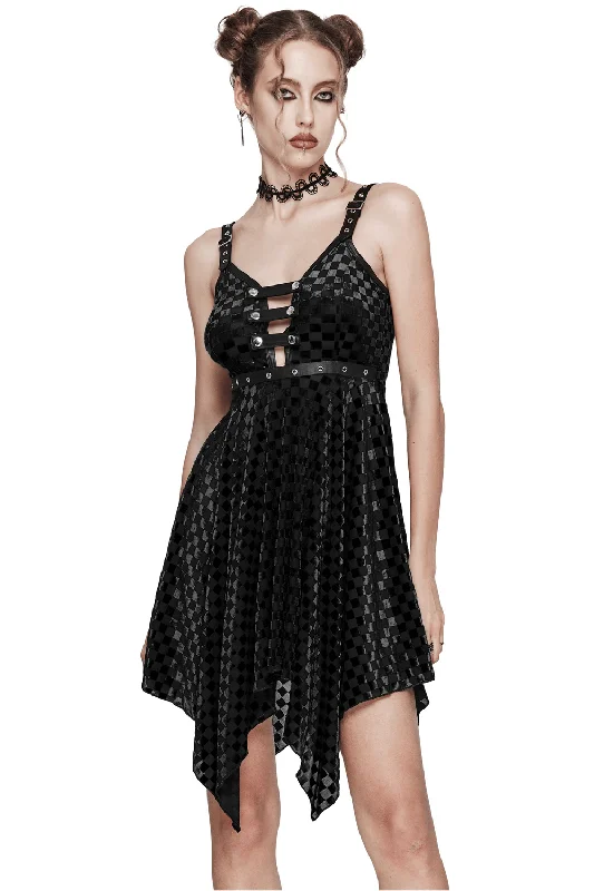 Black Velvet Plaid Asymmetrical Dress with Front Chest Loops Breathable unclassified dresses