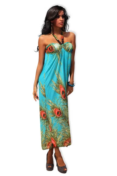 Blue Peacock Feather Print Gorgeous Dress Spring unclassified dresses