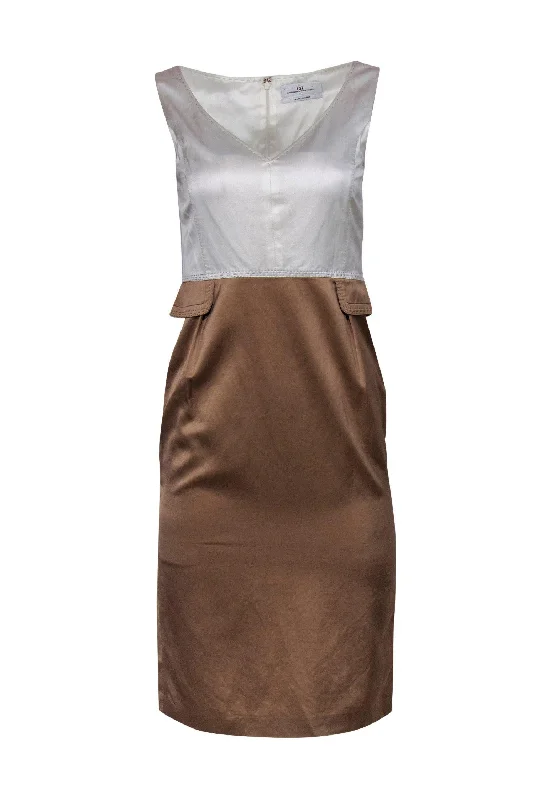 Carolina Herrera - Ivory & Taupe Satin Sheath Dress w/ Stitching Sz 4 Bright color unclassified dresses