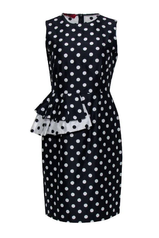 Carolina Herrera - Navy & White Polka Dot Sheath Dress w/ Flounce at Waist Sz 8 Trendy unclassified dresses