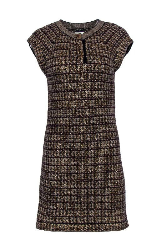 Chanel - Golden Brown & Red Tweed Cap Sleeve Sheath Dress Sz 4 Travel unclassified dresses