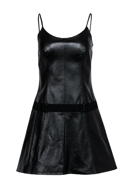 Chanel - Black Lambskin Leather Drop-Waist Flared Dress Sz 6 Tulle unclassified dresses