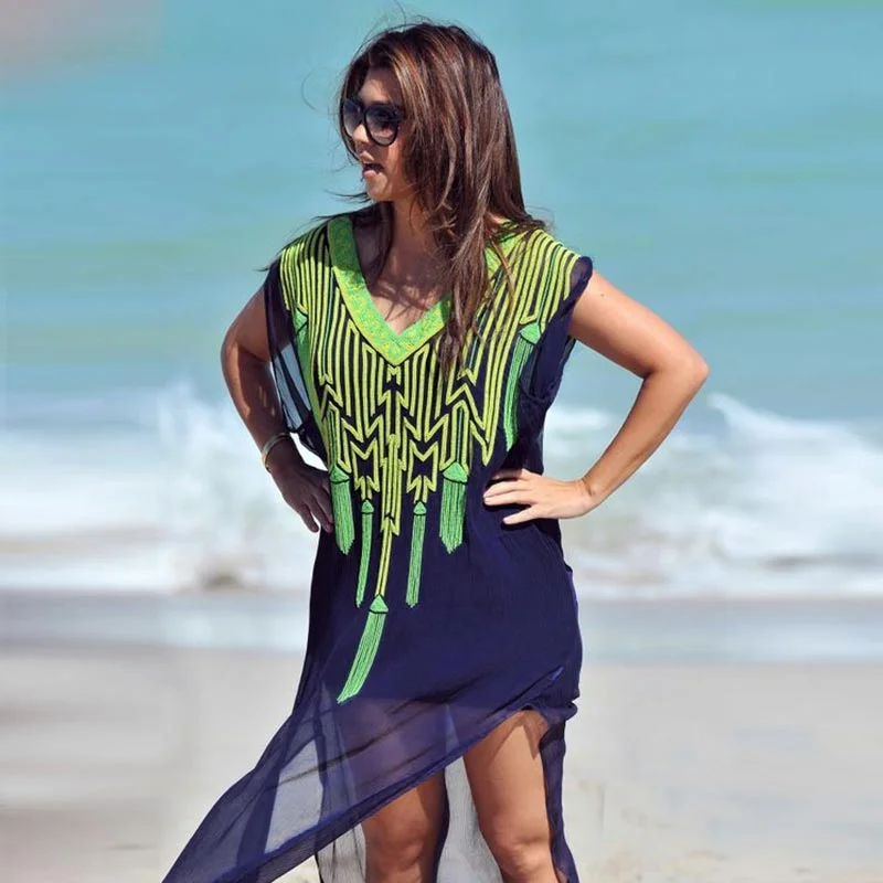 Chest Embroidered Loose Bikini Beach Blouse #Beach Dress #Black Smocked unclassified dresses