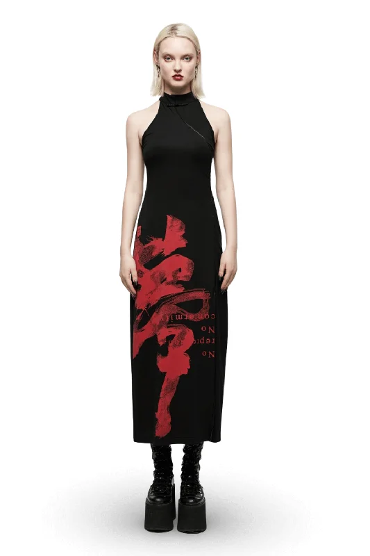 Chinese Ink Art Halter Dress with Side Slit Elegance Long sleeve unclassified dresses