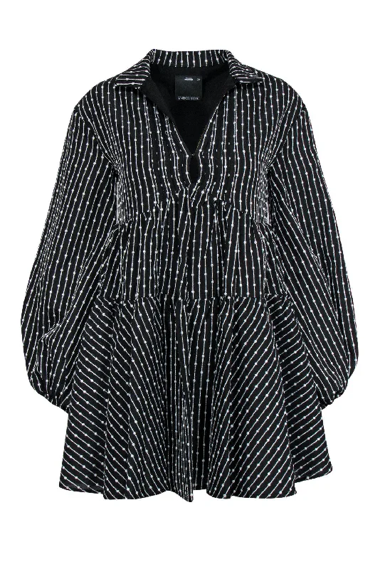 C/MEO Collective - Black Puffed Sleeve Shift Dress w/ Knotted & Striped Embroidery Sz XXS Monochrome unclassified dresses