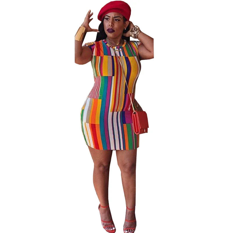 Colorful Print Stripe Slim Dress #Stripe #Print Anniversary unclassified dresses