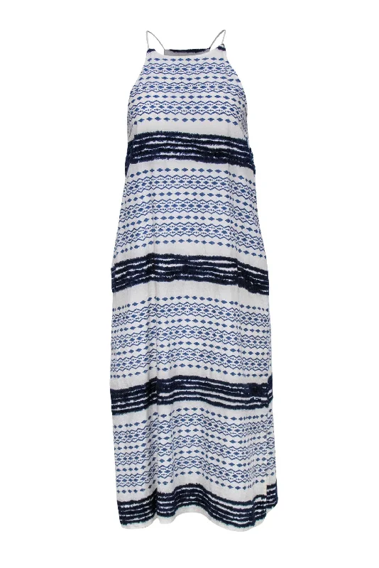 Corey Lynn Calter - White & Blue Dress w/ Diamond Pattern & Fringe Sz XS Cocktail unclassified dresses