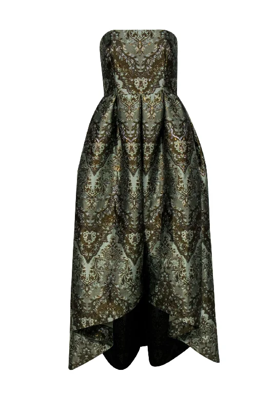 Cynthia Rowley - Green Metallic Brocade Print Strapless High-Low Gown Sz 4 Sexy unclassified dresses