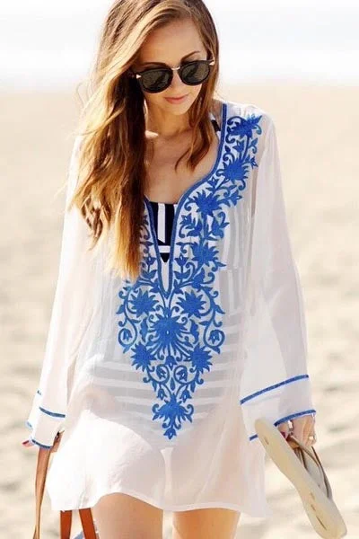 Deep V-neck Embroidered Beach Dress Open-back unclassified dresses