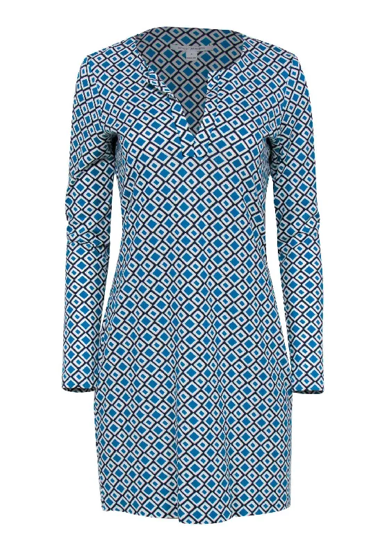 Diane von Furstenberg - Teal & White Diamond Patterned Notch Neck Dress Sz 6 Floral unclassified dresses