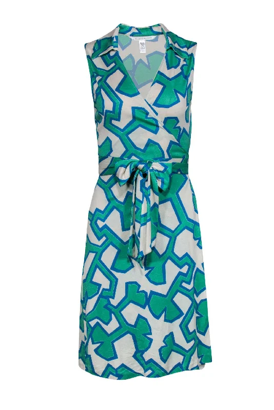 Diane von Furstenberg - White & Green Printed Silk Wrap Dress Sz 8 Anniversary unclassified dresses