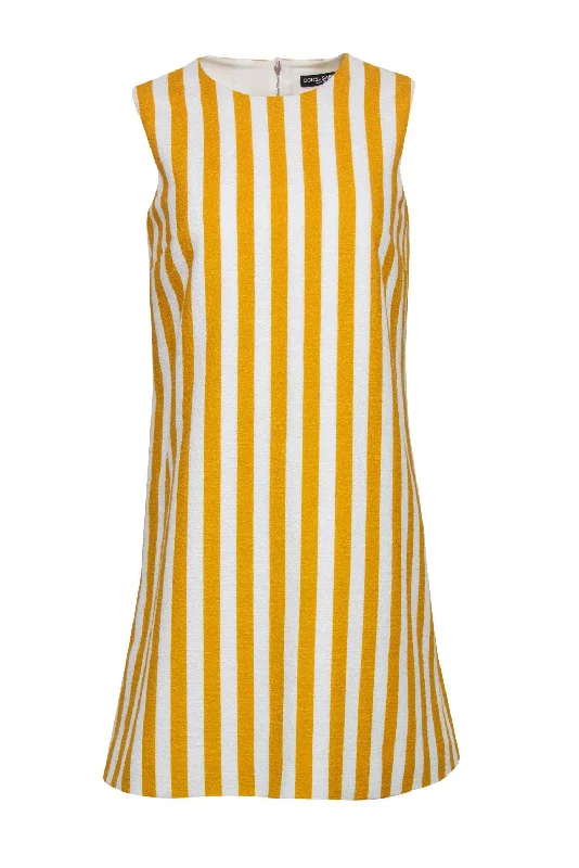 Dolce & Gabbana - Yellow & White Striped Sleeveless Shift Dress Sz 4 Breathable unclassified dresses