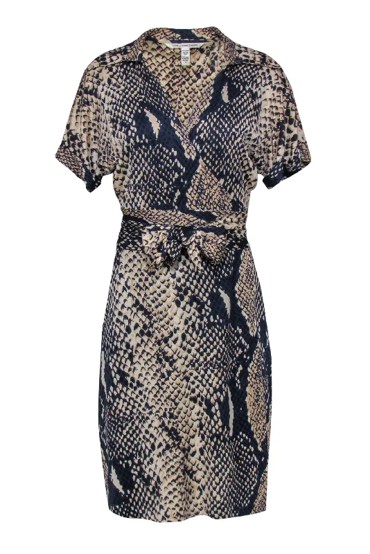 Diane von Furstenberg- Beige & Navy Snakeskin Print Silk Wrap Dress Sz 12 Breathable unclassified dresses