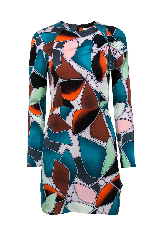 Diane von Furstenberg - Teal, Orange & White Printed Bow Dress Sz 2 Comfortable unclassified dresses