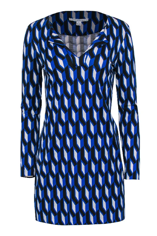 Diane von Furstenberg - Blue Geometric Printed Shift Dress Sz 4 Polka dot unclassified dresses