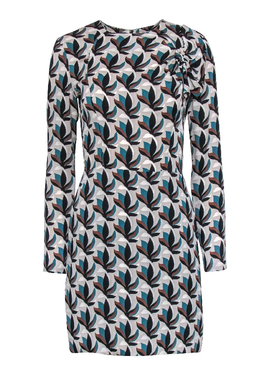 Diane von Furstenberg - Gray & Teal Leaf Printed Silk Dress w/ Bow Sz 4 Mesh unclassified dresses