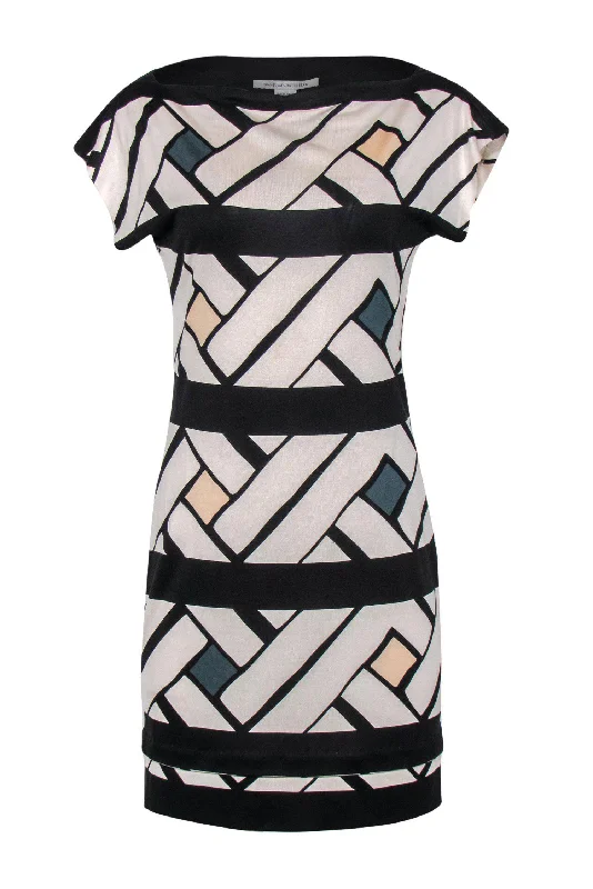 Diane von Furstenberg - Black & Cream Printed Boat Neck Silk Dress Sz 6 Striped unclassified dresses