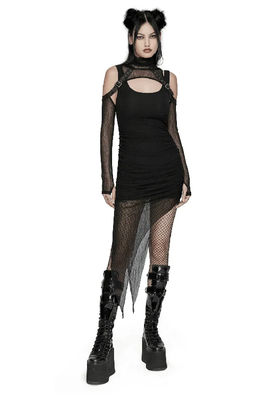 Edgy Hooded Wasteland Two-Piece Dress with Mesh Details Ruched unclassified dresses