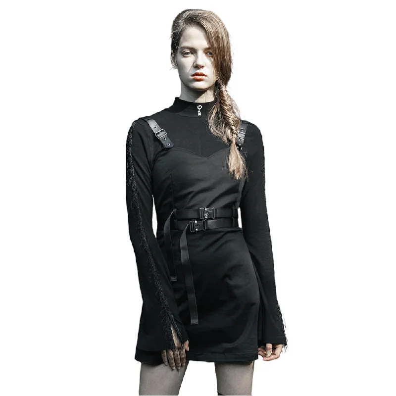 Edgy Strap Detail Goth-Inspired A-Line Dress Engagement unclassified dresses