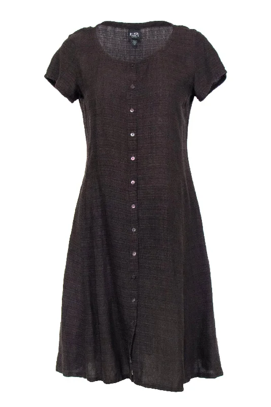 Eileen Fisher - Brown Linen Blend Button-Front Dress Sz PS Preppy unclassified dresses