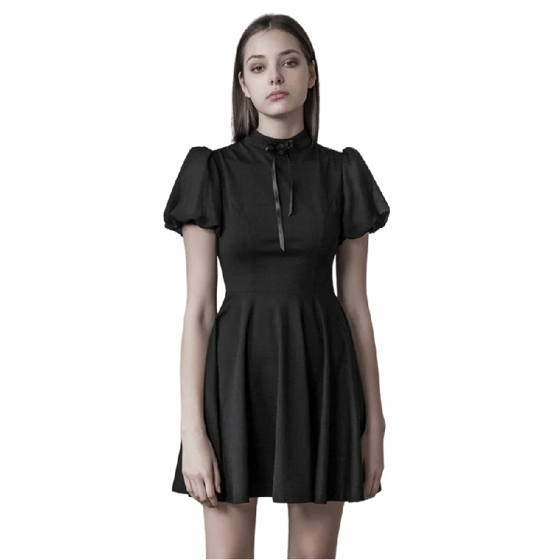 Elegant Black A-Line Dress with Sheer Puff Sleeves Pastel unclassified dresses