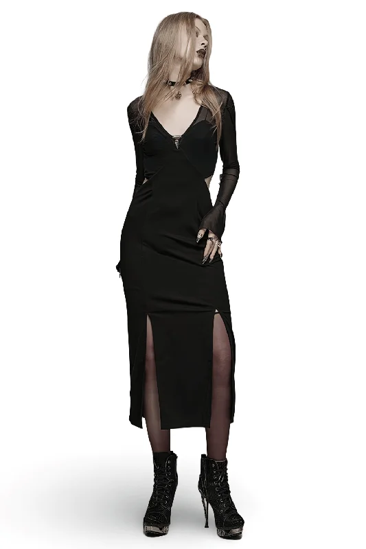 Elegant Black Gothic Mesh V-Neck Wrap Dress with Slits Bright color unclassified dresses