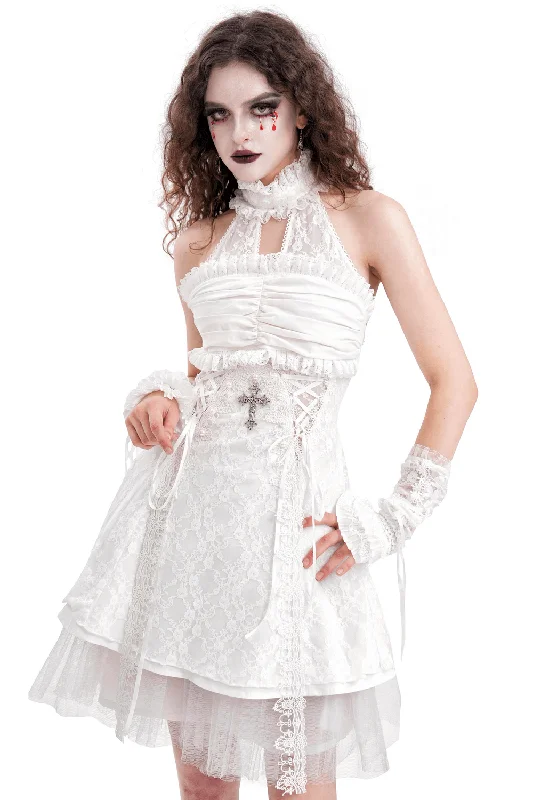 Elegant Female White Halter Dress with Ruffle Details Long sleeve unclassified dresses