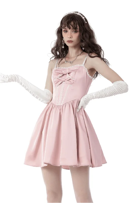 Elegant Pink Satin Bow Dress for Evening Events Mesh unclassified dresses