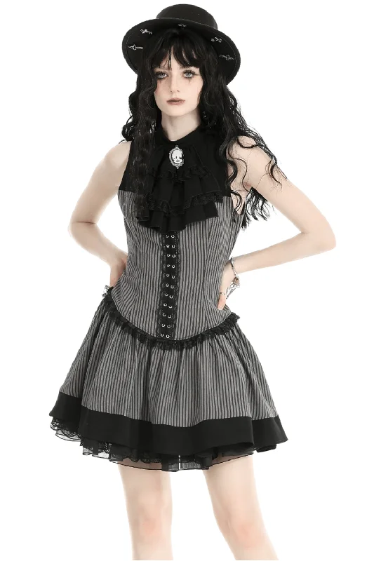 Elegant Striped Ruffle Dress with Brooch Accent Ruched unclassified dresses