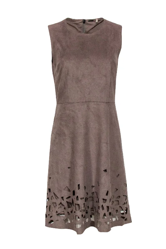 Elie Tahari - Taupe Faux Suede Laser Cut Hem Dress Sz 8 Formal unclassified dresses