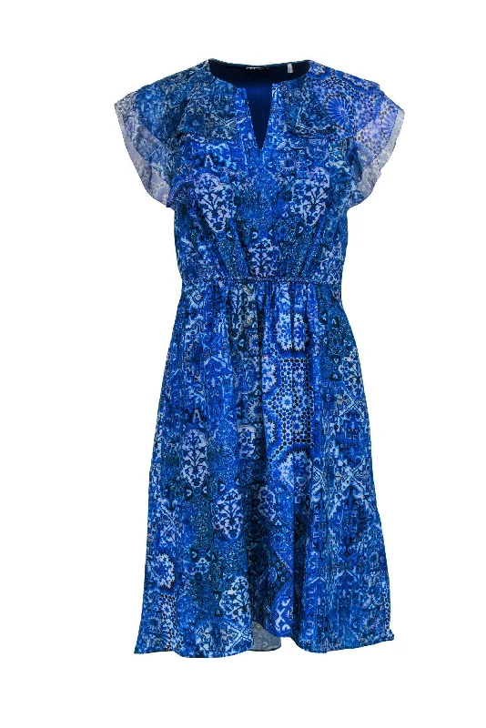 Elie Tahari - Blue Printed Silk Dress w/ Ruffle Sleeves Sz 2 Festival unclassified dresses