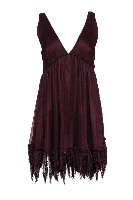 Elizabeth & James - Maroon Crinkled Plunge Dress w/ Fringe Hem Sz M Color block unclassified dresses