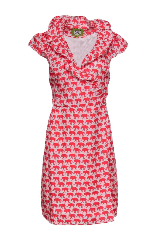 Elizabeth McKay - Pink & White Elephant Print Silk Wrap Dress Sz 8 Designer unclassified dresses