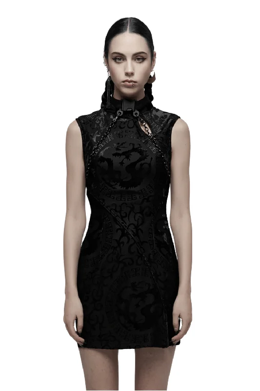 Embroidered Dragon A-Line Dress in Stretch Velvet Comfortable unclassified dresses