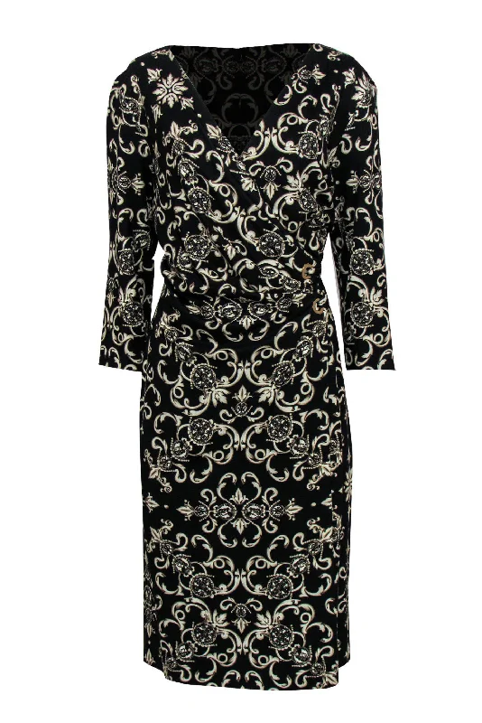 Escada - Black Filigree Printed Wrap Dress w/ Grommets Sz 16 Satin unclassified dresses