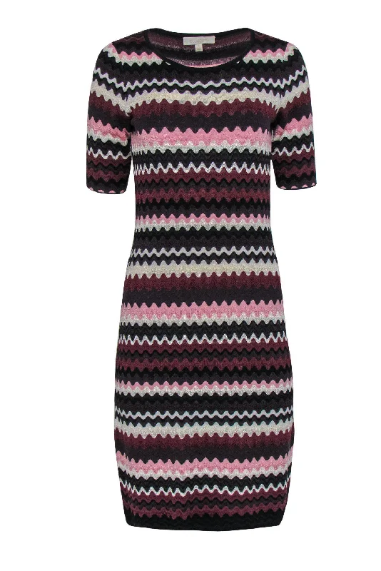 Etcetera - Burgundy, White & Pink Wavy Striped Knit Dress Sz S Stretchy unclassified dresses